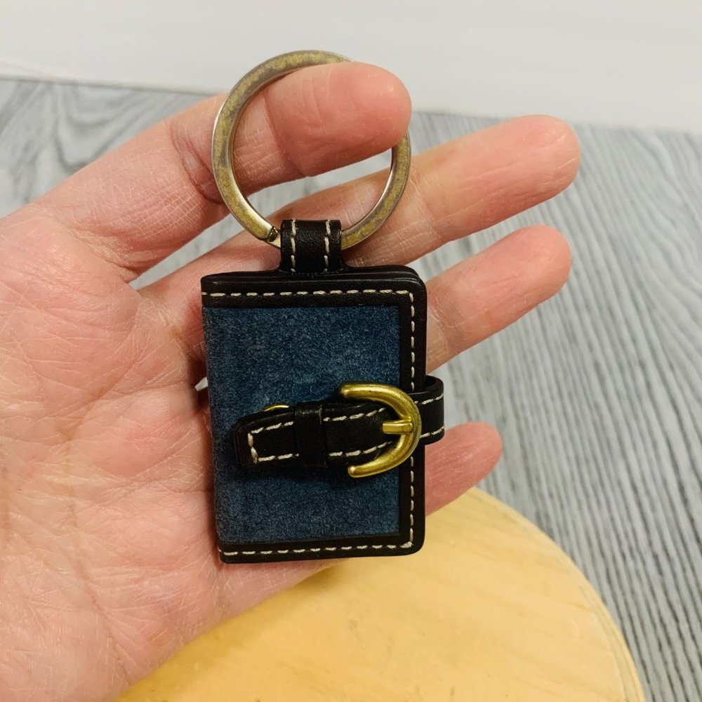 Rare Coach Suede Leather Navy Blue On Brown Mini Picture Frame Keychain Keycharm